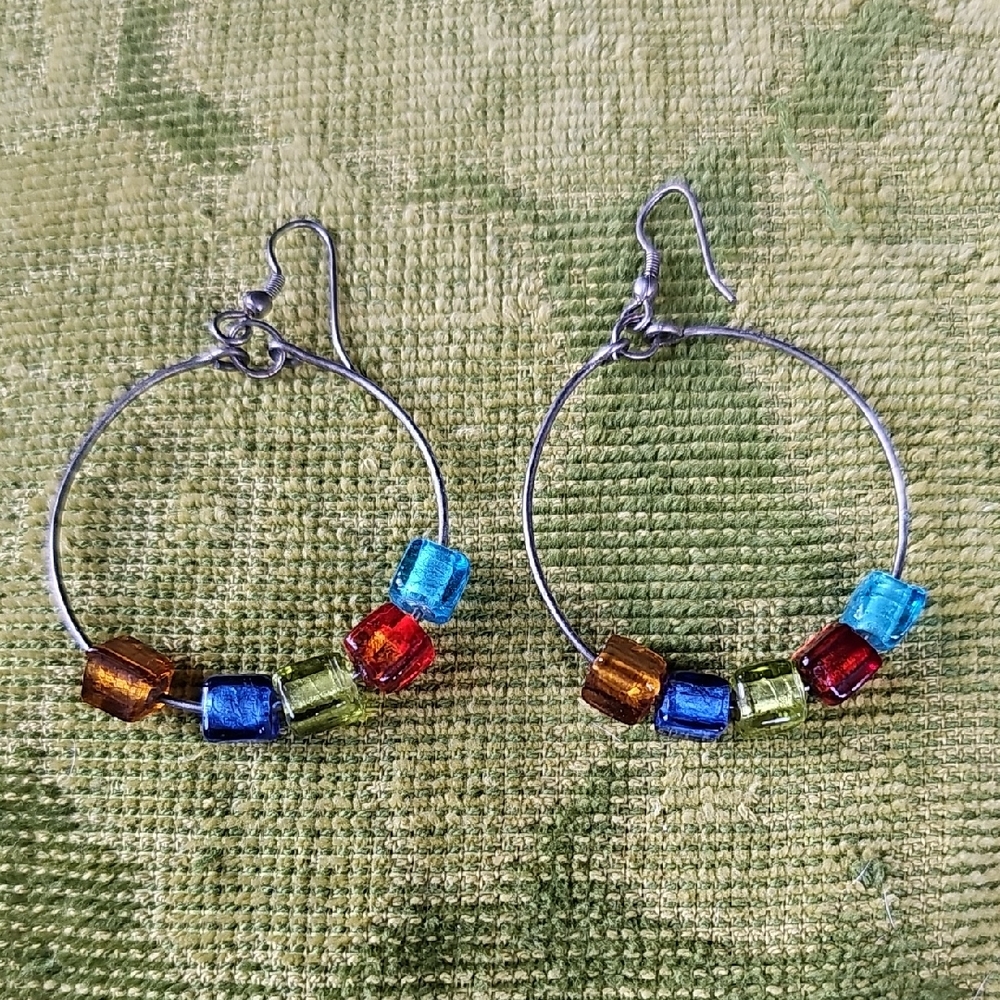 Vintage Colorful Glass Bead Hoop Earrings Rainbow Jewelry Blue Green Red Orange